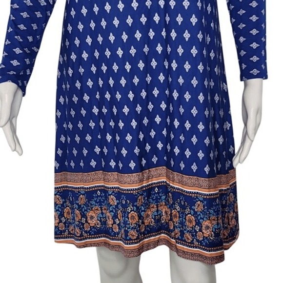 Loveappella Blue Patterned Long Sleeve Criss Cross‎ Open Back Dress - Picture 3 of 12